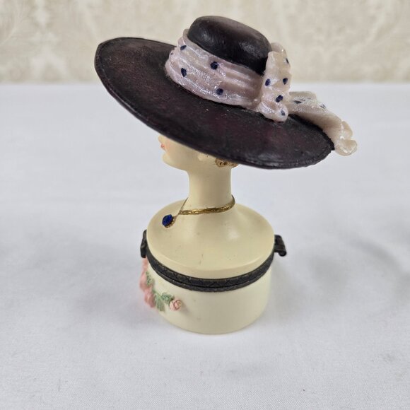 Set of 2 Trinket Boxes Ladies Wearing Hats Floral Accents on Base Resin Crystal - Picture 12 of 16